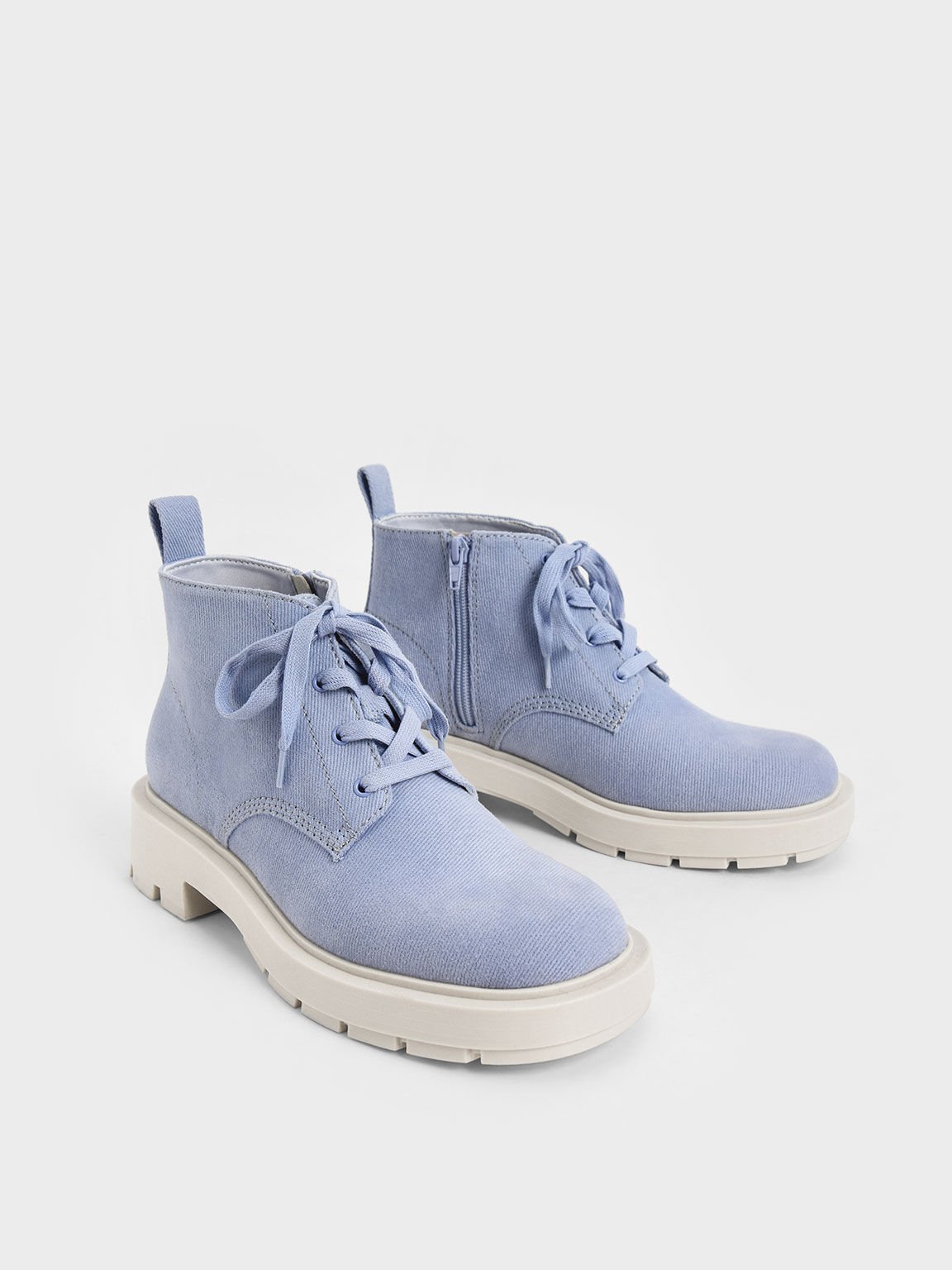 Twill Lace-Up Ankle Boots, Light Blue, hi-res