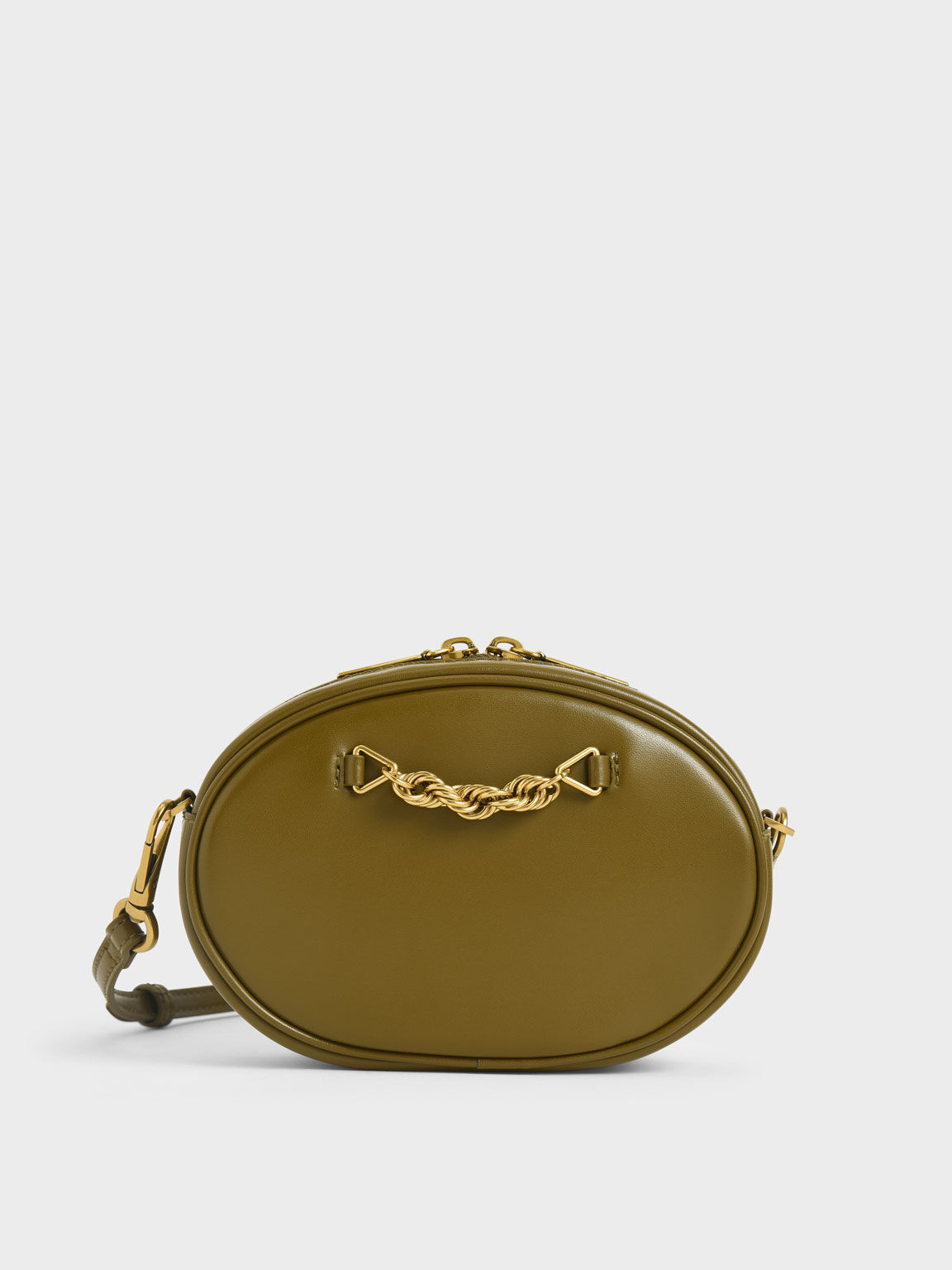 Heirloom Chain-Embellished Oval Crossbody Bag - Olive