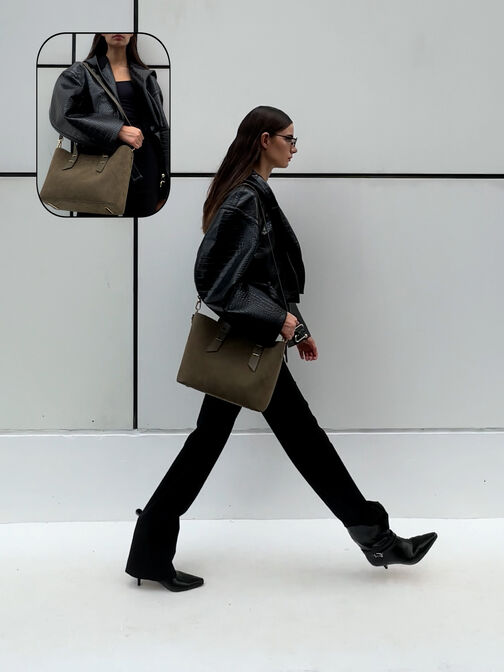 Mini Shania Recycled Suede Double-Handle Tote Bag, Deep Olive, hi-res