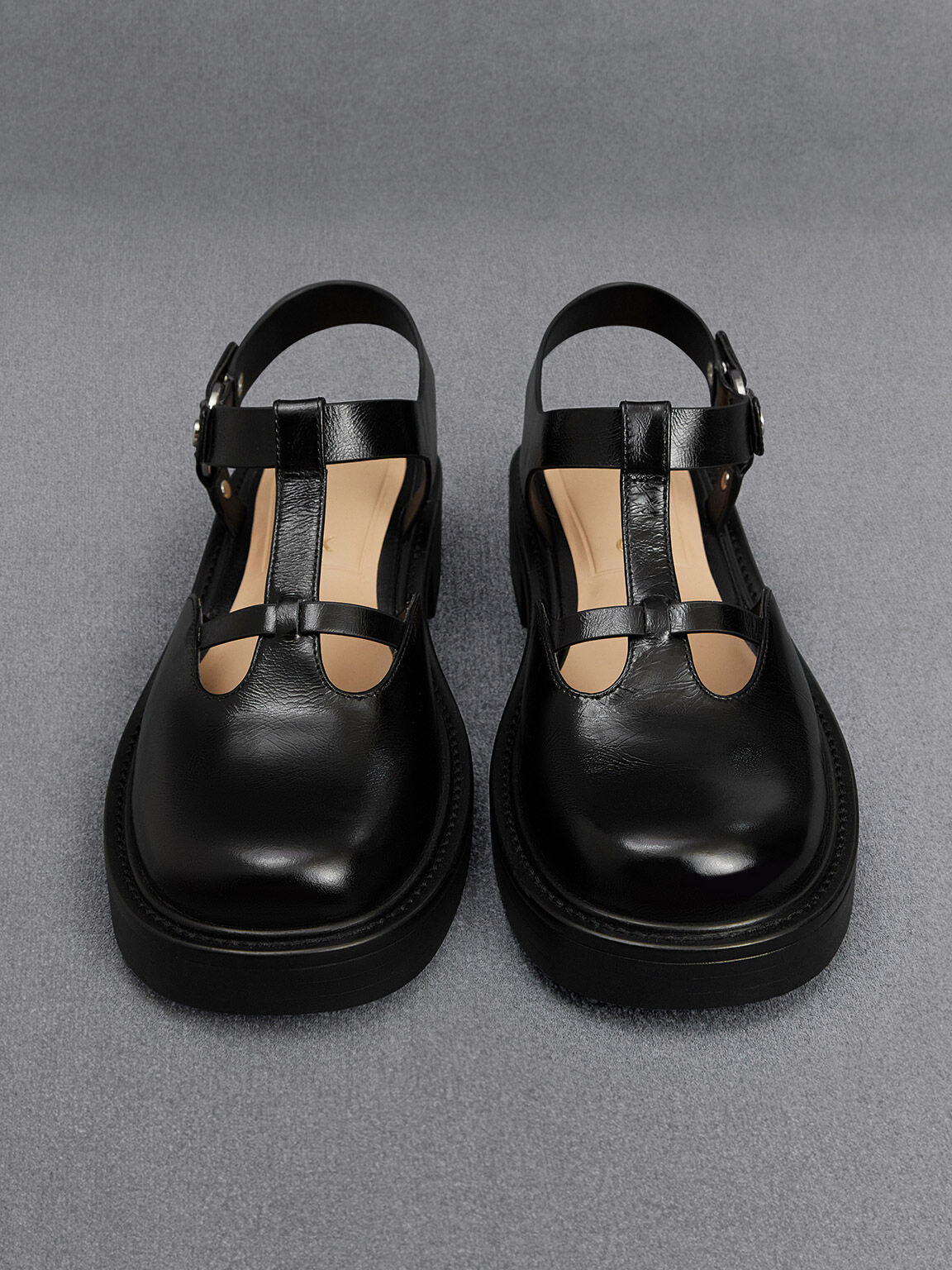Leather Cut Out T Bar Mary Jane Flats Black