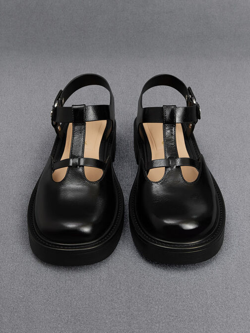 Leather Cut-Out T-Bar Mary Jane Flats, Black, hi-res