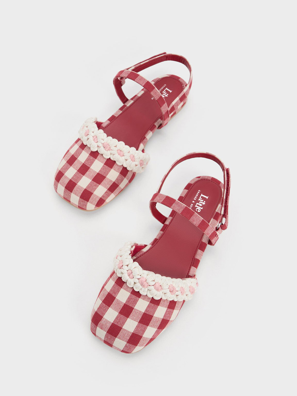 Girls' Floral Crochet Checkered Slingback Flats, Red, hi-res