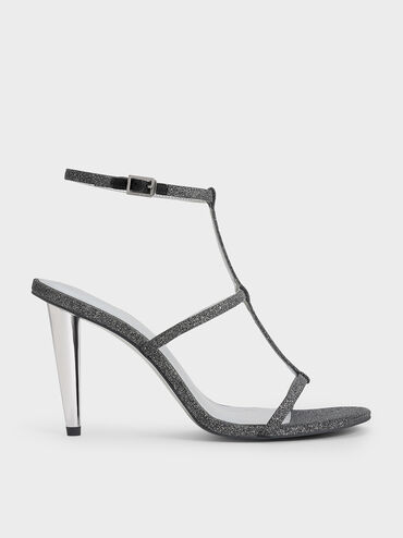 Glittered T-Bar Ankle-Strap Sandals, Black Textured, hi-res