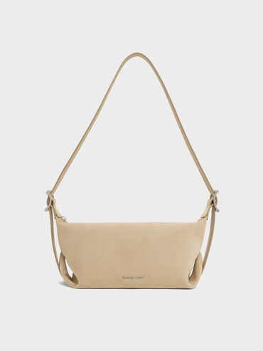 Zora Recycled Suede Buckle-Strap Slouchy Shoulder Bag, Nutmeg Beige, hi-res