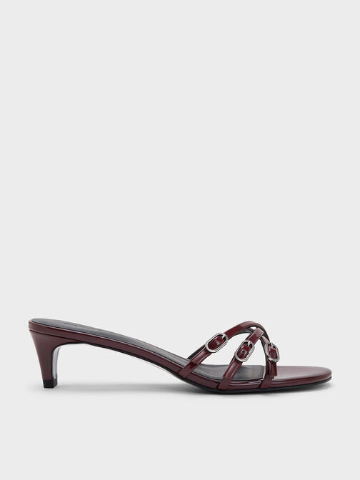 Patent Buckled Strappy Kitten-Heel Mules, Burgundy, hi-res