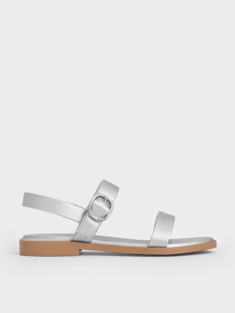 Girls' Pearlescent Crystal-Buckle Double-Strap Slingback Sandals, Silver, hi-res