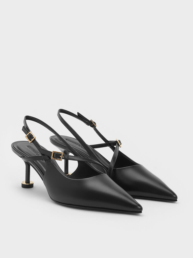 Buckled Sculptural-Heel Slingback Pumps, Black, hi-res