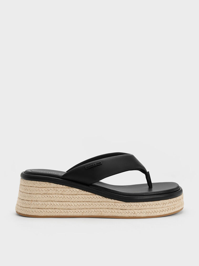 Espadrille Thong Sandals, Black, hi-res