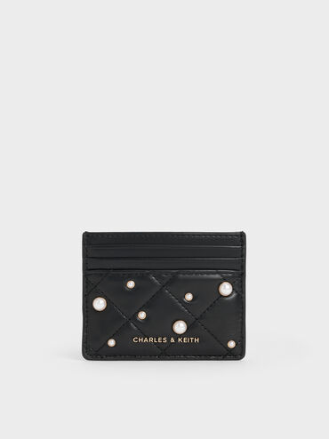 Janie Pearl-Embellished Quilted Card Holder, Black, hi-res