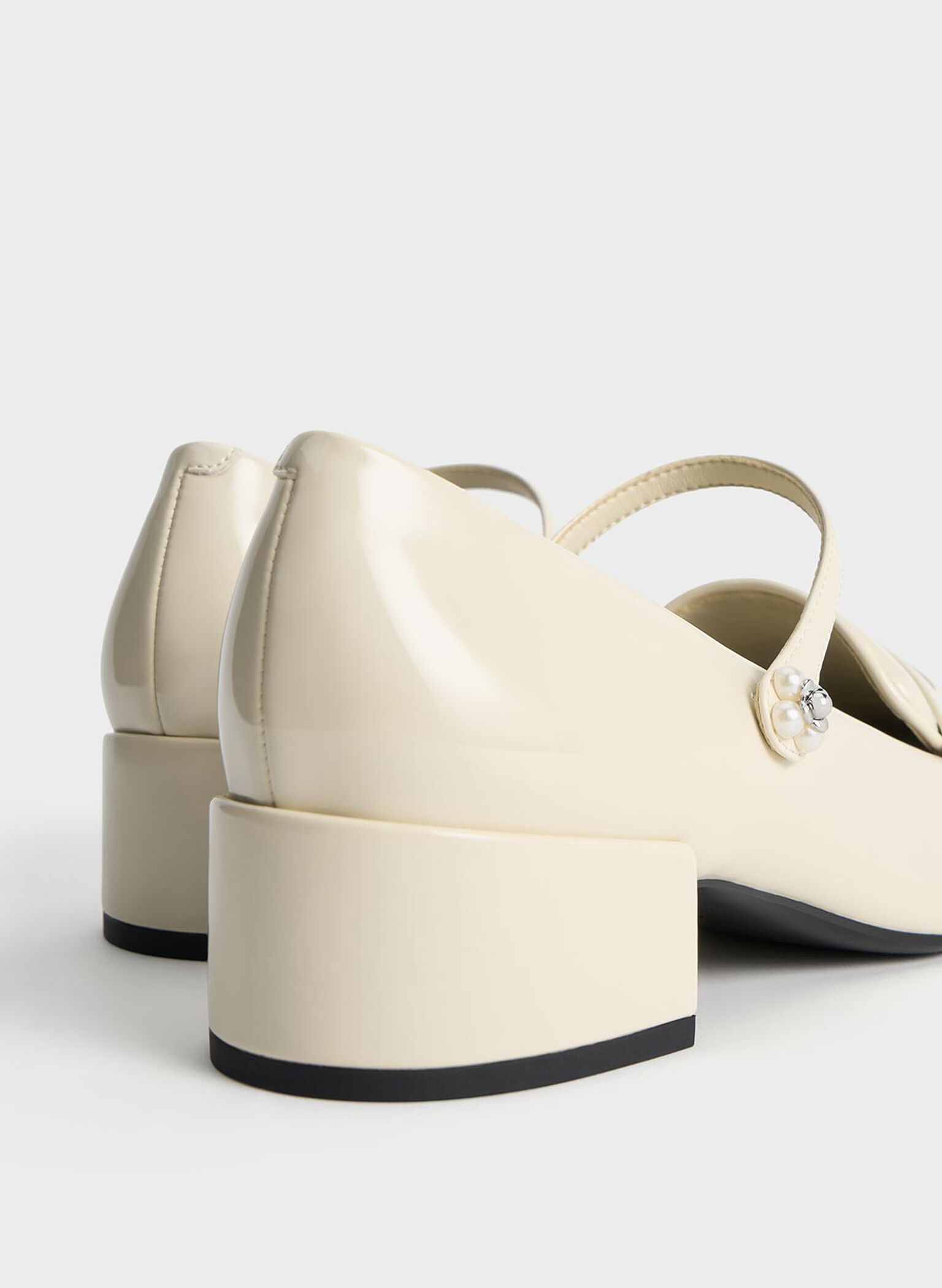 Patent Pearl-Embellished Flower-Buckle Mary Jane Loafers, Chalk, hi-res