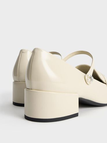 Patent Pearl-Embellished Flower-Buckle Mary Jane Loafers, Chalk, hi-res
