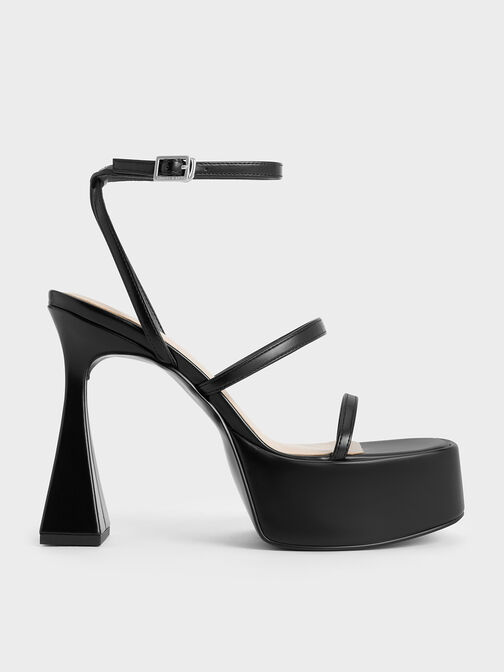 Strappy Sculptural-Heel Platform Sandals, Black, hi-res
