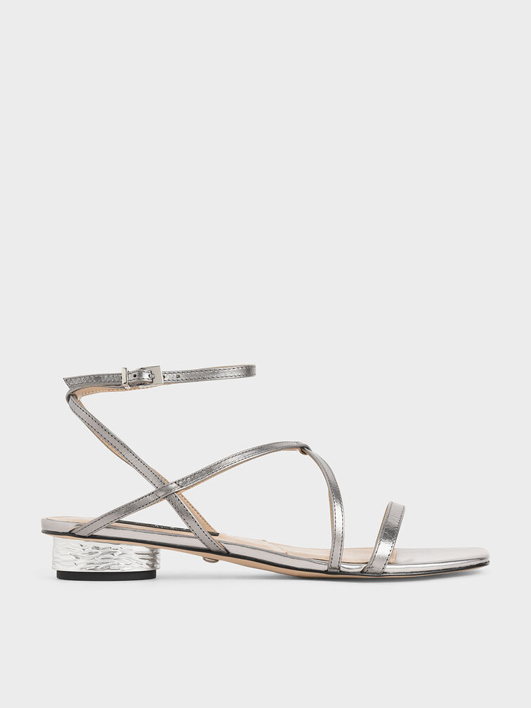 Leather Strappy Sandals, Pewter, hi-res