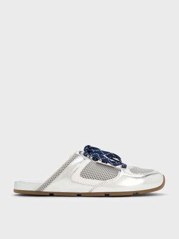 Zapatillas sin cordones con estampado de malla metálica, Plateado, hi-res