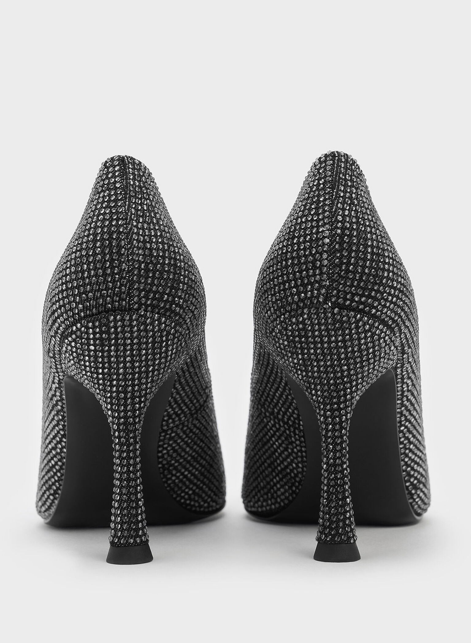 Denim Pointed-Toe Spool-Heel Pumps, Black Textured, hi-res