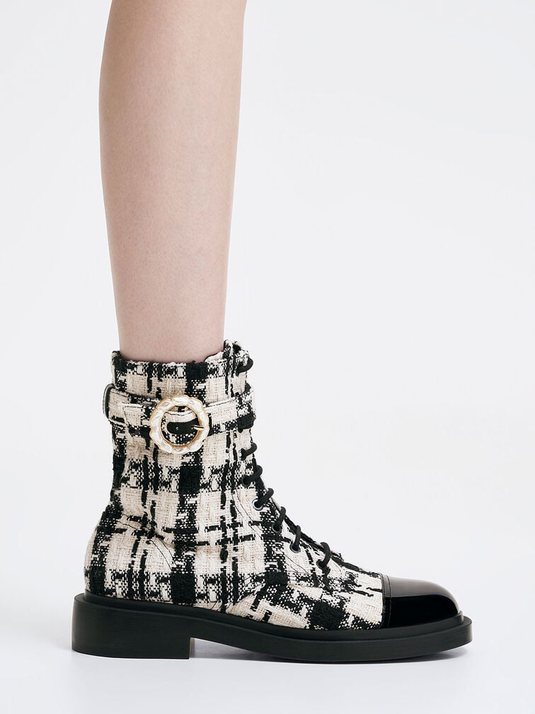 Pearl Buckle Lace-Up Tweed Ankle Boots, Black Textured, hi-res