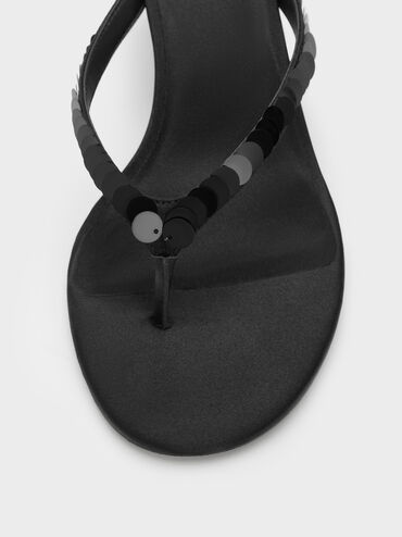Briella Sequinned Heeled Thong Sandals, Black Textured, hi-res