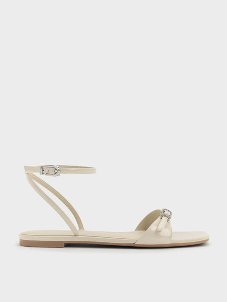 Patent Crystal-Buckle Ankle-Strap Sandals, Chalk, hi-res