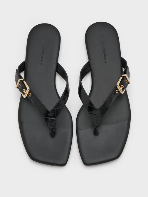 Croc-Effect Buckled Thong Sandals, Animal Print Black, hi-res