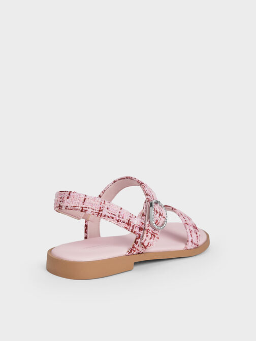 Girls' Tweed Crystal-Buckle Double-Strap Slingback Sandals, Pink, hi-res