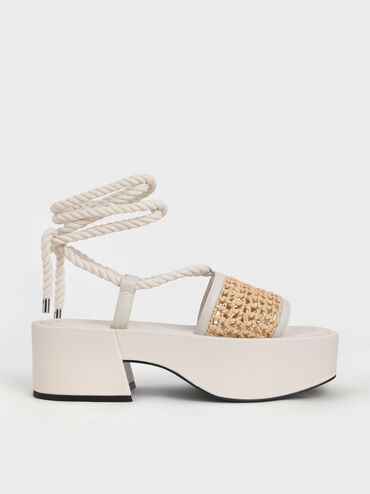 Micah Raffia & Leather Tie-Around Flatforms, Chalk, hi-res
