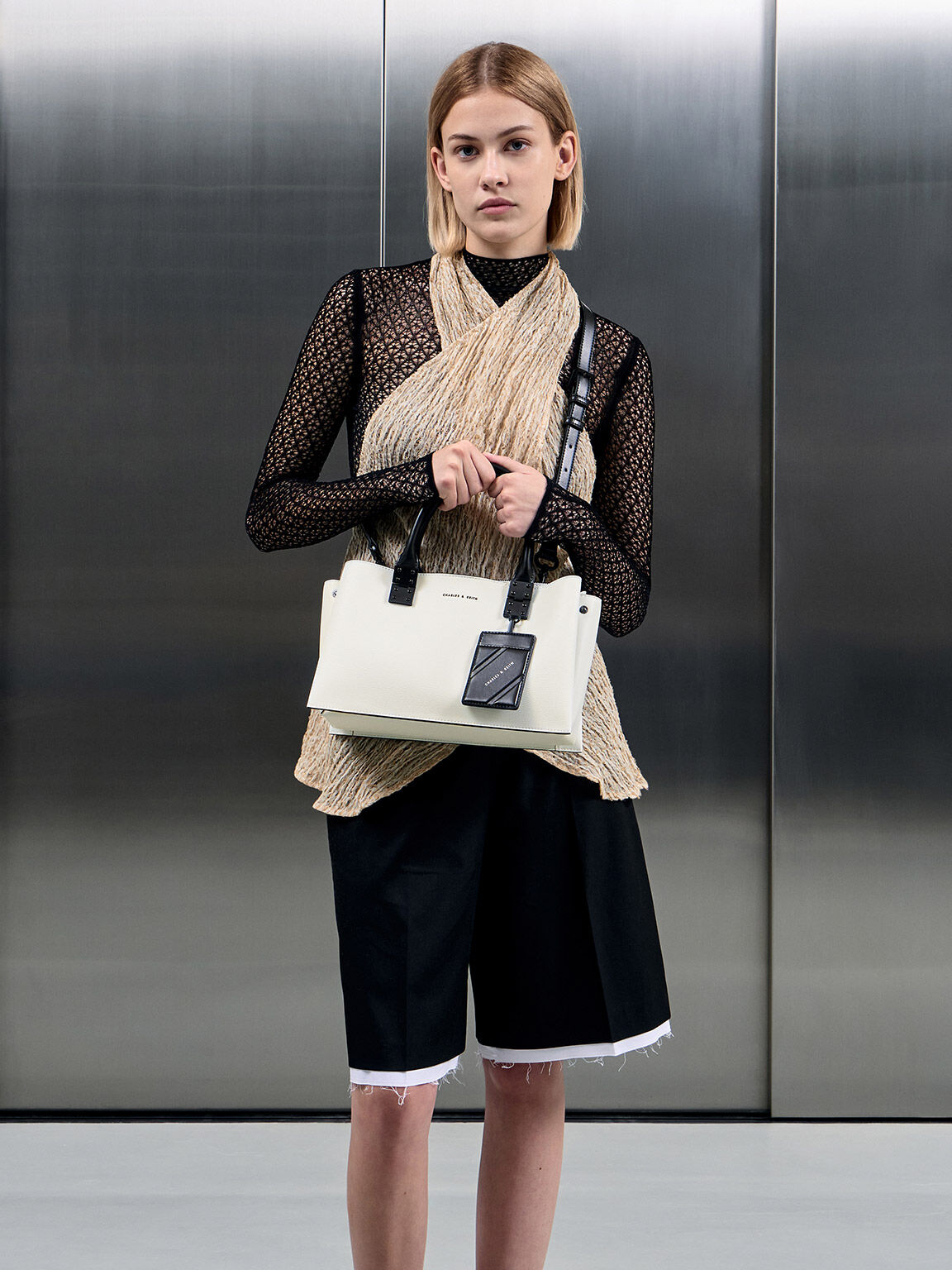White Double Top Handle Structured Bag CHARLES KEITH TR