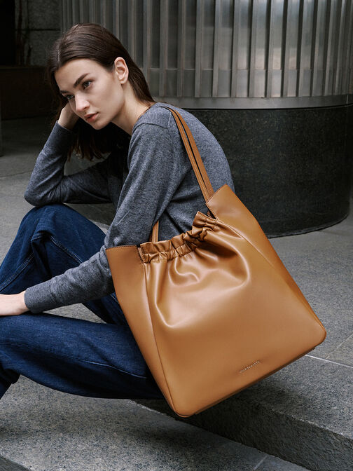 Bolso tote fruncido Brigette, Marrón, hi-res