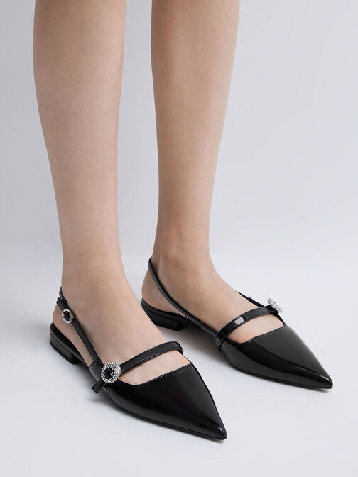 Patent Crystal-Embellished Slingback Flats, Black Patent, hi-res