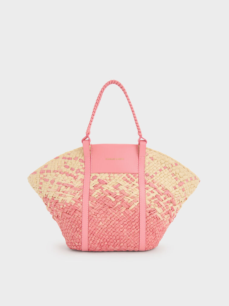 Bolso de rafia tipo cesta Shalia, Rosa guayaba, hi-res