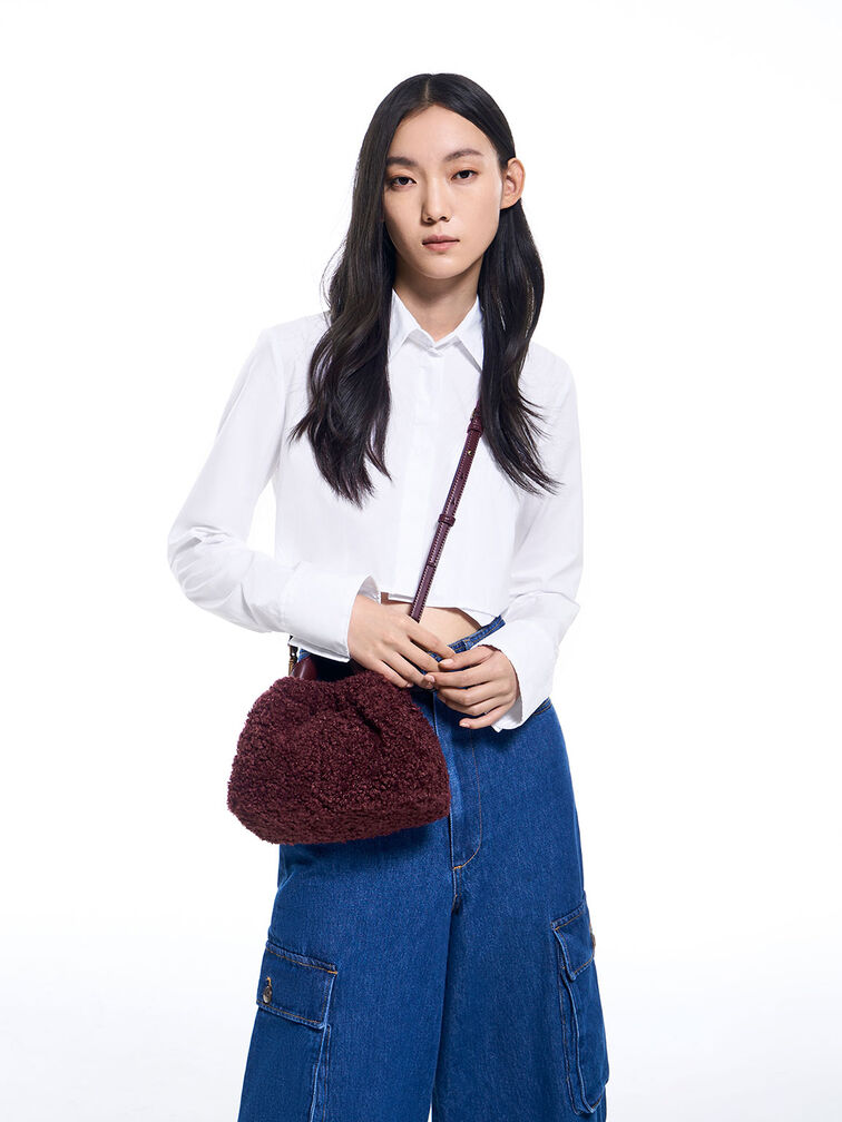 Ally Furry Slouchy Chain-Handle Bag, Burgundy, hi-res