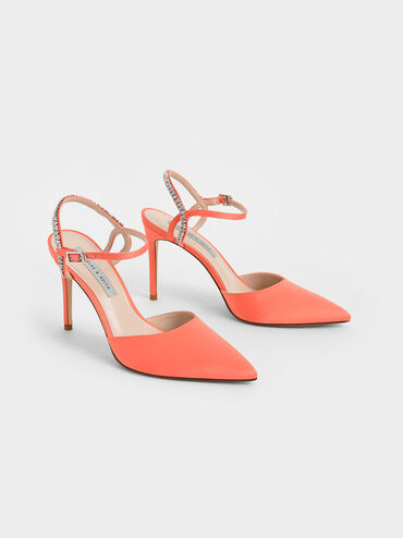 Embellished Back Strap Court Shoes, Orange, hi-res