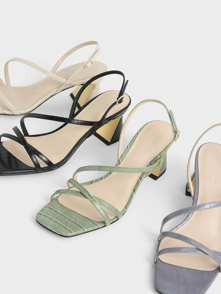 Croc-Effect Strappy Heeled Sandals, Animal Print Blue, hi-res