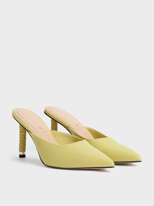 Leather Woven-Heel Pointed-Toe Mules, Lime, hi-res