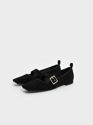 Textured Square Toe Mary Jane Flats, Black, hi-res