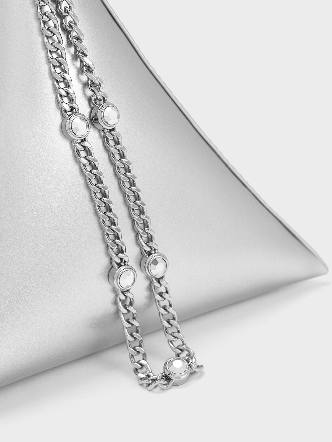Chain Handle Pyramid Clutch, Silver, hi-res
