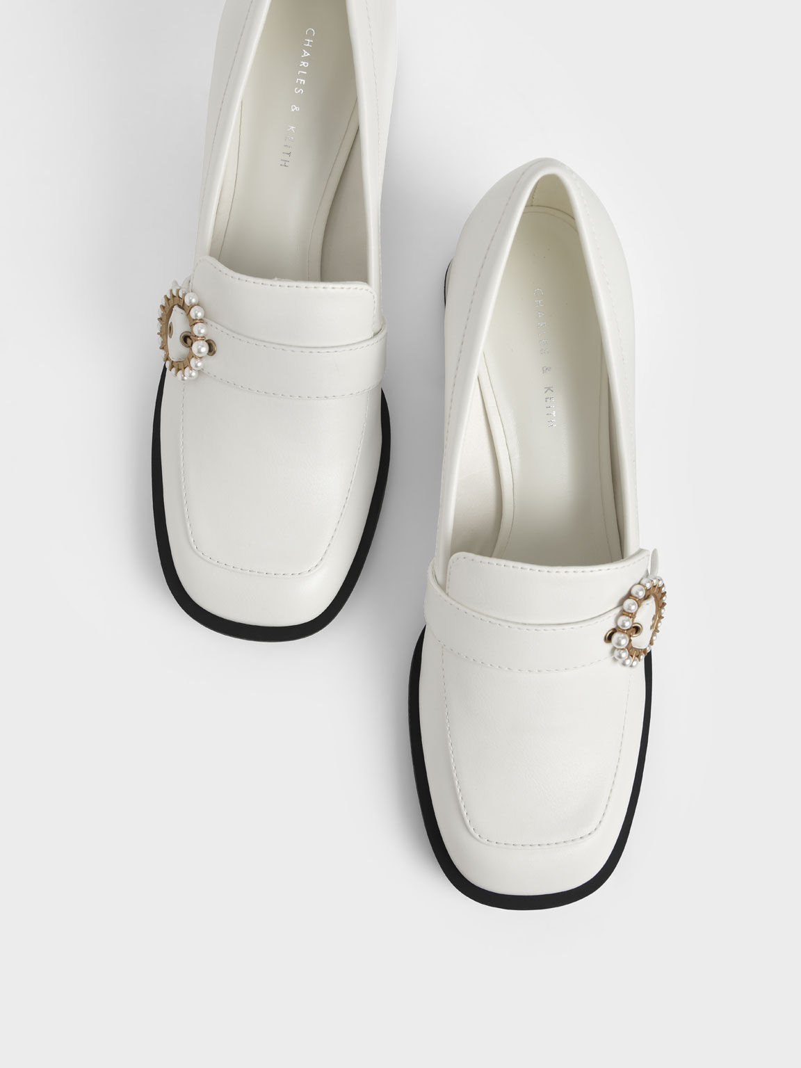 Beaded Accent Loafer Pumps, White, hi-res