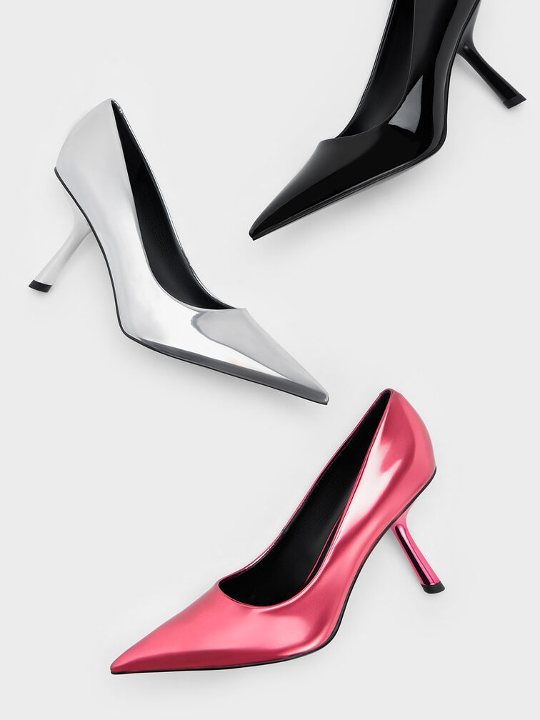 Metallic Slant-Heel Pointed-Toe Pumps, Fuchsia, hi-res