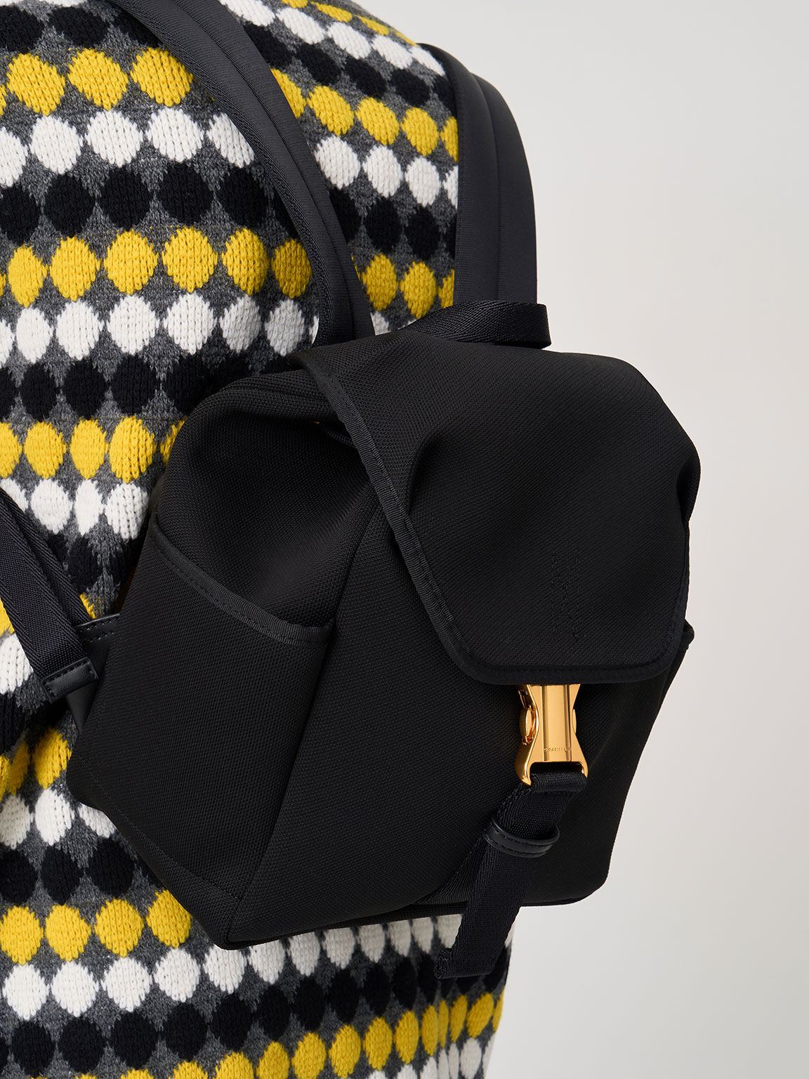 Knit & Nylon Metallic Buckle Backpack, Black, hi-res