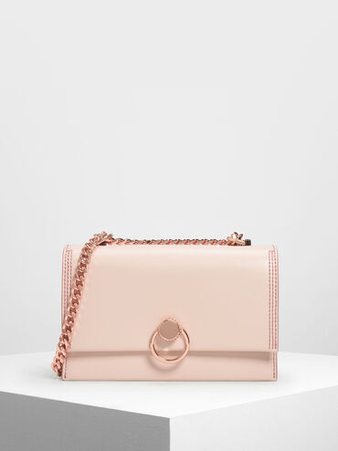 Chain & Strap Push Lock Shoulder Bag, Light Pink, hi-res