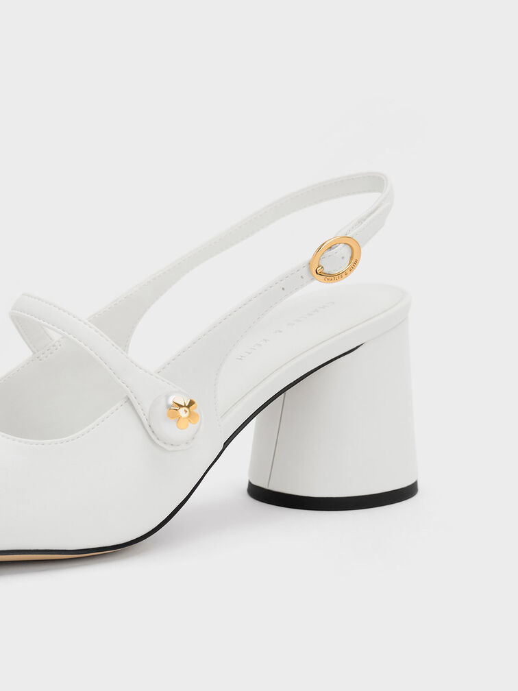 Pearl Embellished Slingback Pumps, White, hi-res