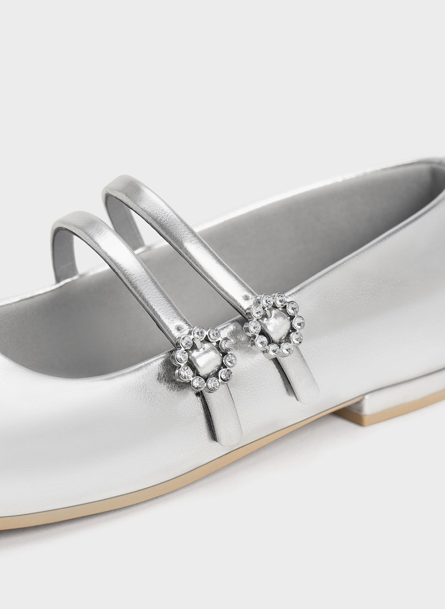 Mary-janes metalizados para niña con pedrería, Plateado, hi-res