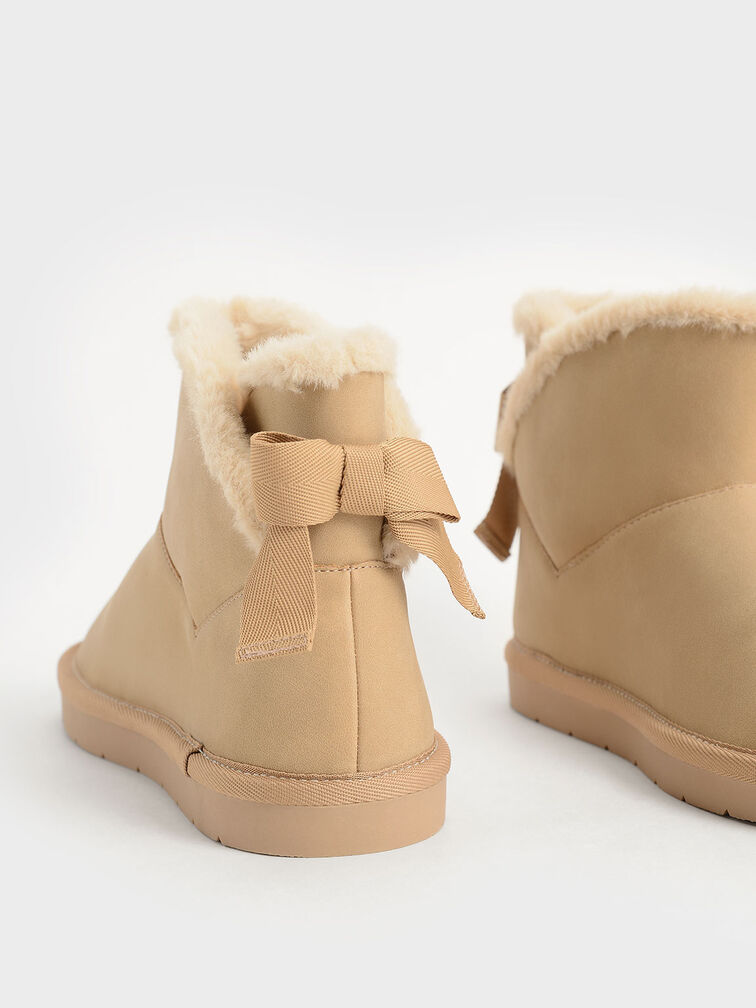 Girls' Fur-Trimmed Slip-On Ankle Boots, Camel, hi-res