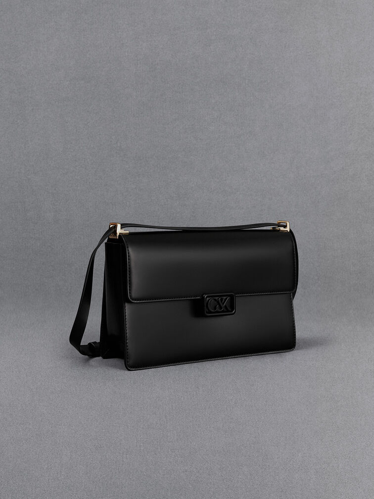 Leather Shoulder Bag, Black, hi-res