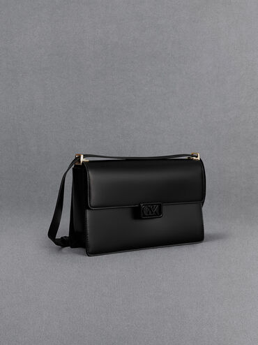 Leather Shoulder Bag, Black, hi-res