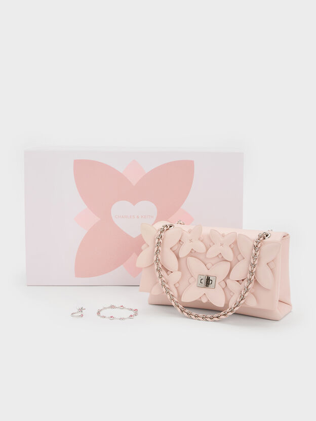 Set de regalo: Bolso de hombro con flores y joyer&iacute;a, Rosa suave, hi-res