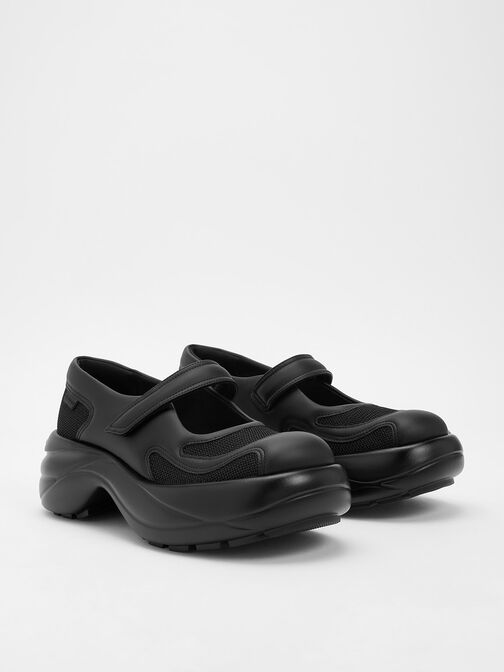 Mesh Curved Platform Mary Jane Sneakers, Black Textured, hi-res