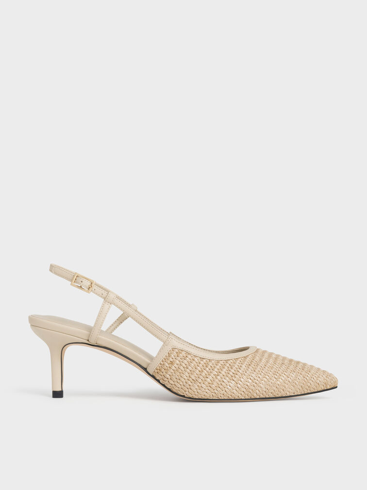 Raffia Pointed-Toe Slingback Pumps, Taupe, hi-res