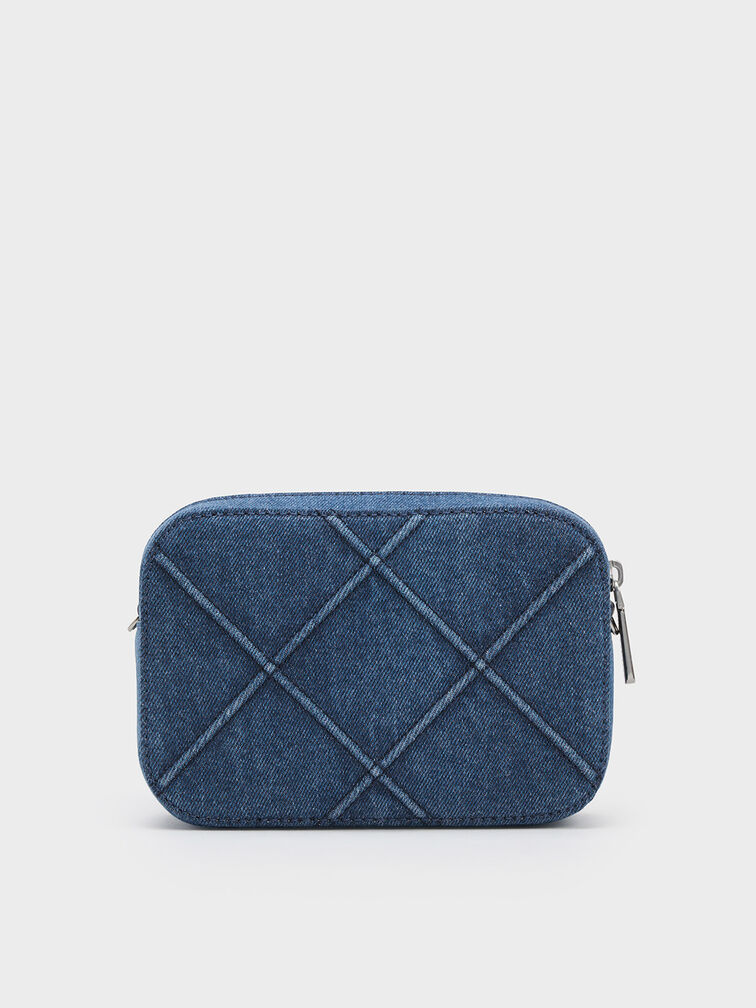 Bolso cruzado acolchado Eleni de denim con cremallera, Azul mezclilla, hi-res