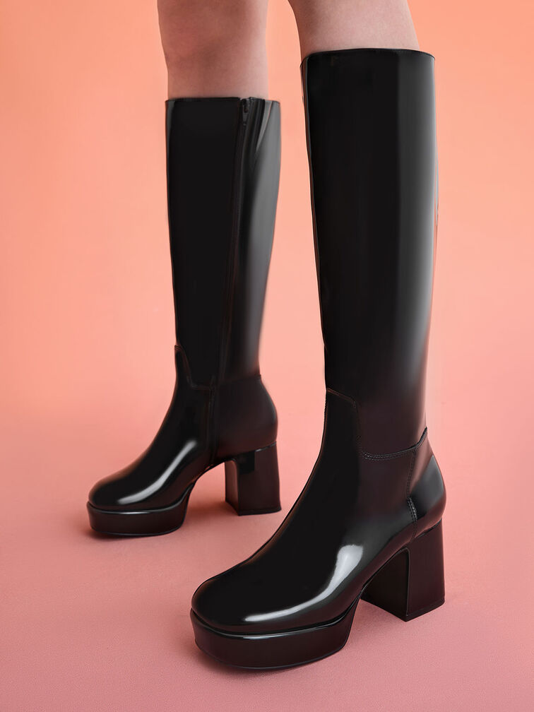 Patent Platform Knee-High Boots, Black, hi-res