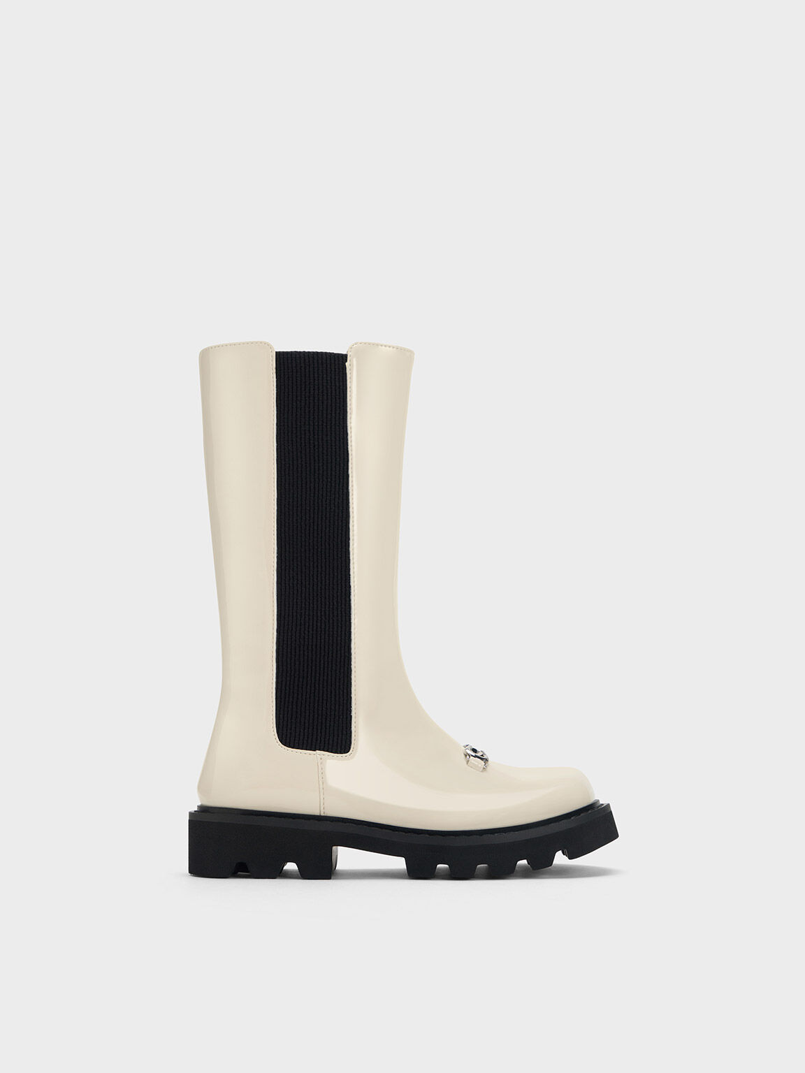 Charles Keith Girls Metallic Accent Chelsea Knee High Boots Chalk US 10.5